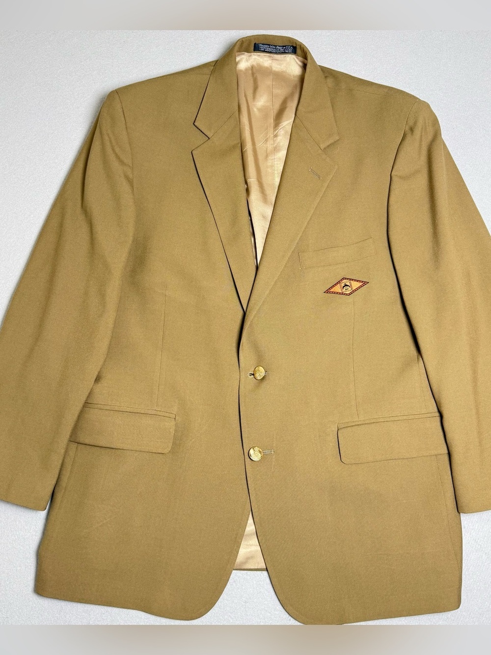 PETER MILLAR Blazer 43 R Tan Beige Gold Button Lined Mens Indian Creek Logo USA